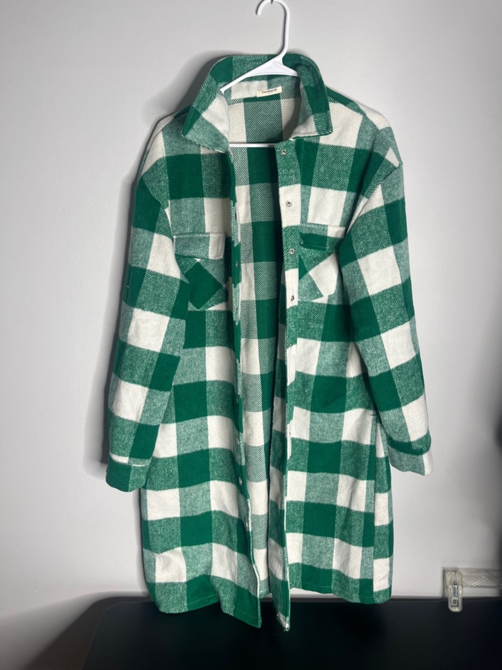 Plaid Teddy Shacket Coat in Green & White